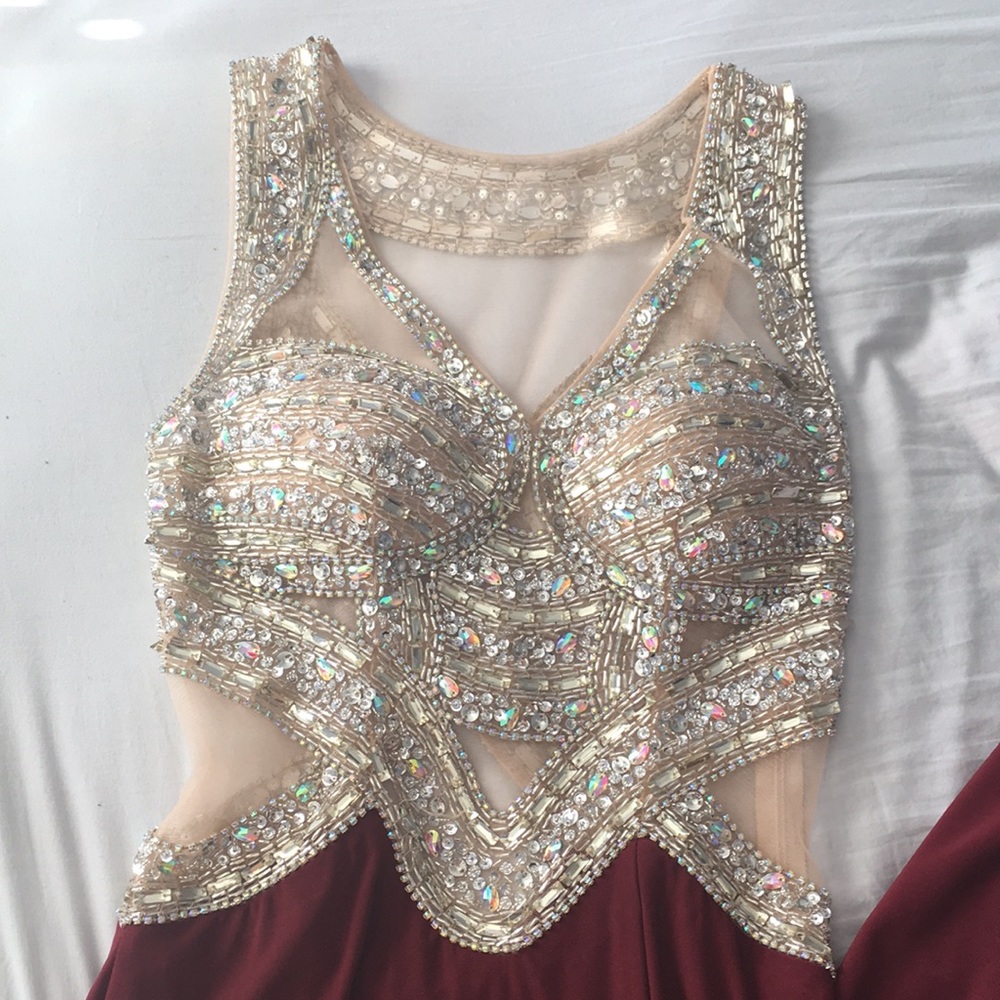 Burgundy Jeweled Mesh Slit Prom Dress - Size 2